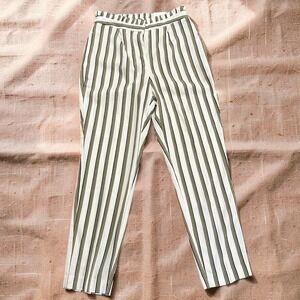 Express Size 6R Pants High Rise Ruffle Paperbag Waist Striped Ankle Olive NWT